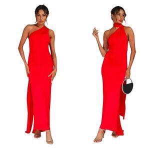 Abyovrt Long Red Dress Size 12 With Silver Hoop And Long Drape
